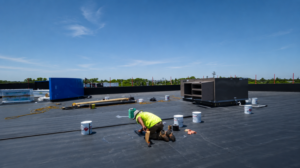 commercial roofing6 - Roof Bros Restoration - Madison roofing Commercial roofing maintenance inspection for a low-slope commercial roof system