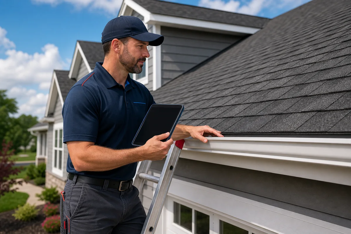 Roof Bros Restoration Home Certified Personnel V2 AI-generated concept image of an exterior restoration consultant inspecting a Midwest roof.