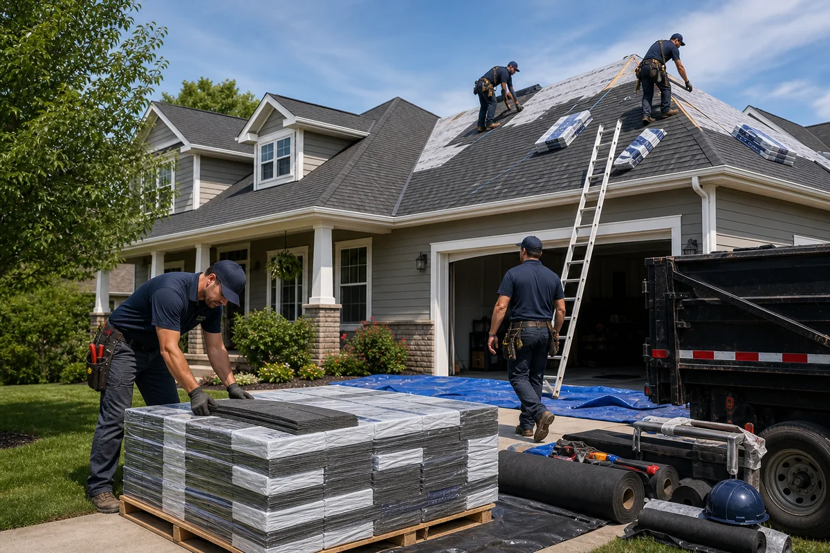 Roof Bros Restoration Home Fast Efficient Work V2 AI-generated concept image of an organized roofing crew staging a safe Midwest jobsite.