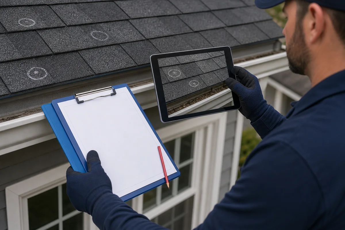 Roof Bros Restoration Home Insurance Carriers V2 AI-generated concept image of storm damage documentation on a roof and gutter.
