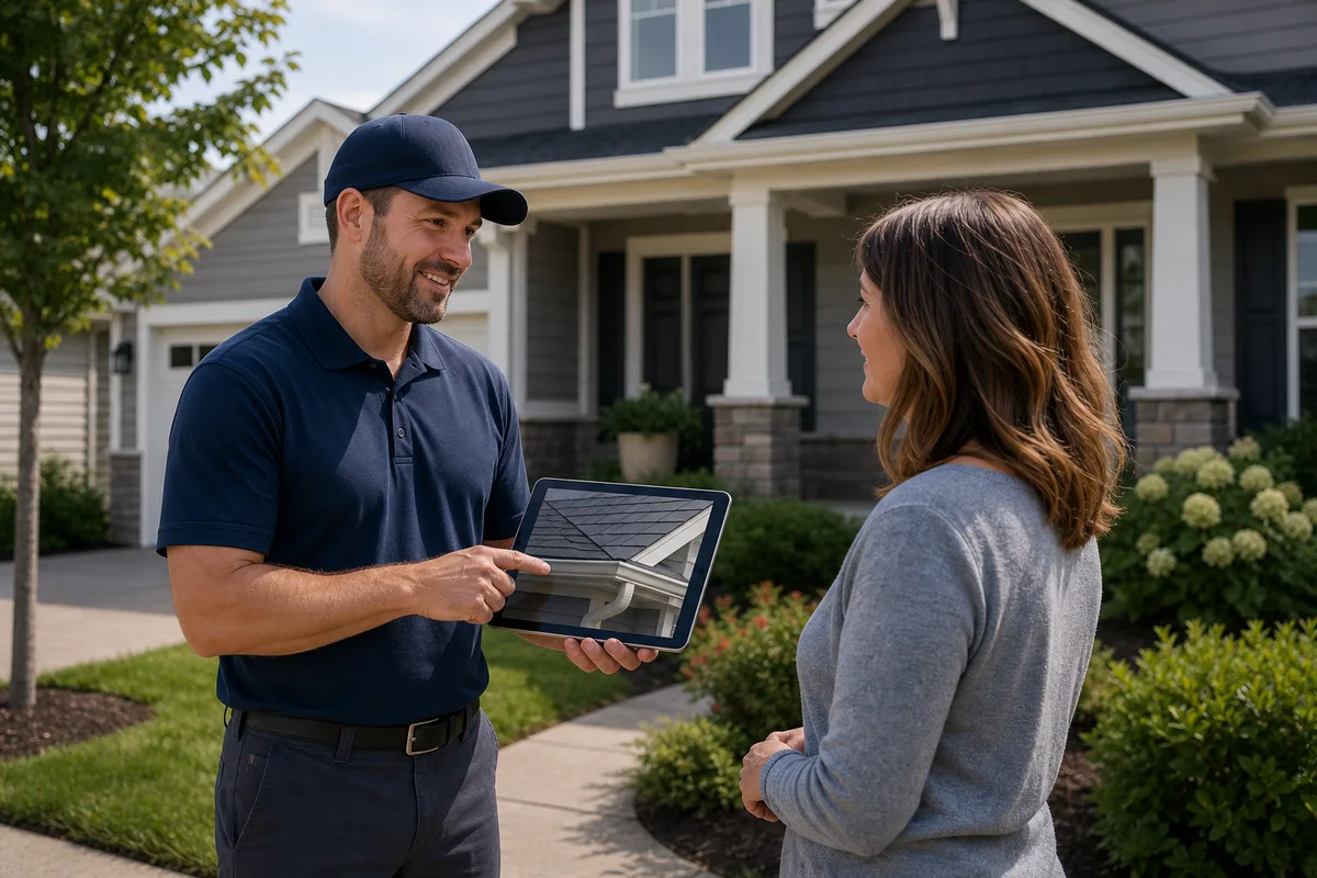Roof Bros Restoration Home Personalized Service V2 AI-generated concept image of a consultant reviewing exterior restoration options with a homeowner.