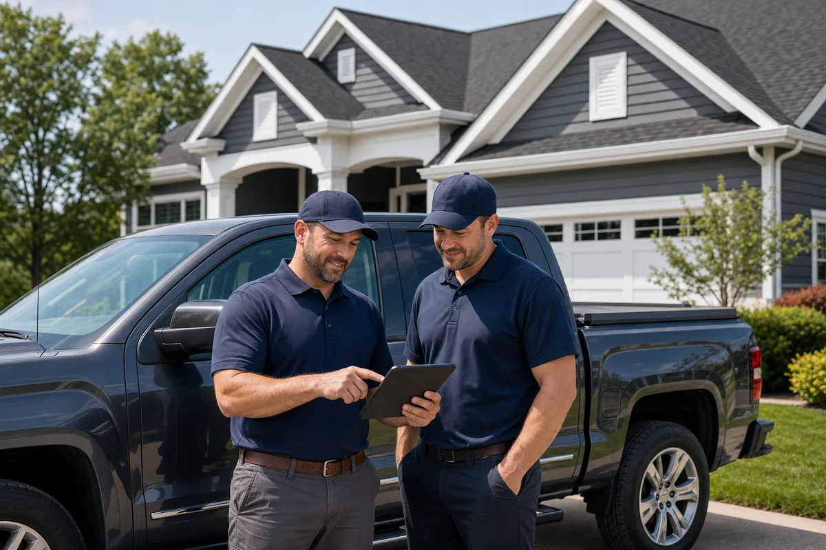 Roof Bros Restoration Home Years Experience V2 AI-generated concept image of experienced exterior restoration consultants at a Midwest home.