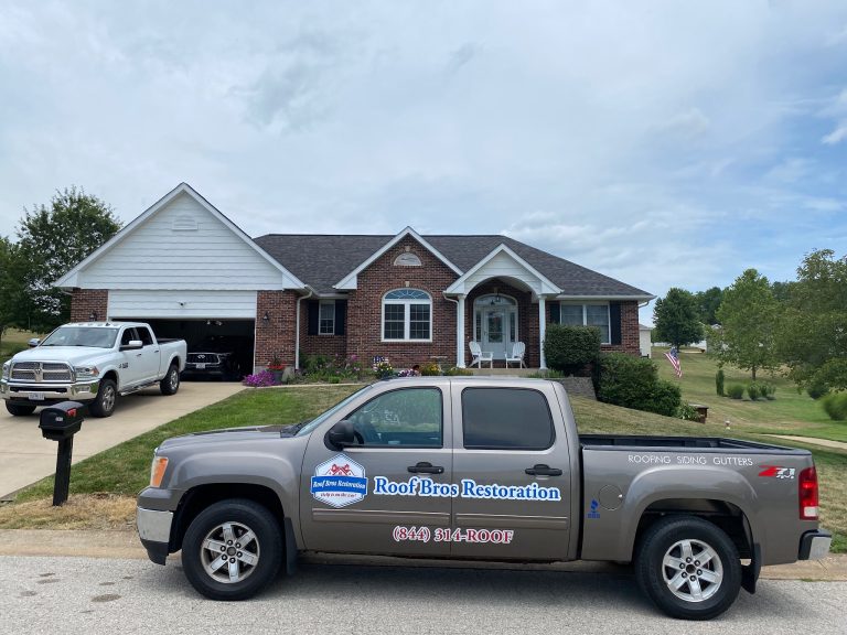 roof bros restoration illinois branded truck 001 - Roof Bros Restoration - roofing gallery wisconsin illinois A tan Roof Bros Restoration pickup truck with (844) 314-ROOF lettering is parked at the curb in front of a brick ranch hom...