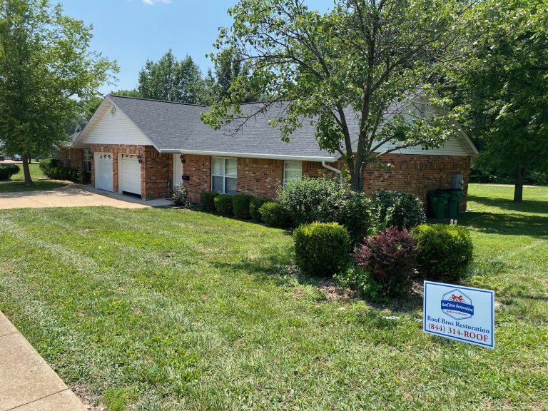 roof bros restoration illinois yard sign 003 - Roof Bros Restoration - roofing gallery wisconsin illinois A brick single-story home with a freshly shingled roof is shown from the front lawn, with a Roof Bros Restoration yard sig...