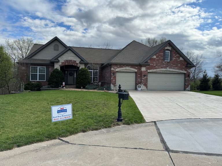 roof bros restoration illinois yard sign 004 - Roof Bros Restoration - roofing gallery wisconsin illinois A large brick and stone single-story home with a two-car garage and a Roof Bros Restoration yard sign reading '(844) 314-R...