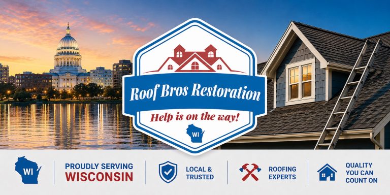 roof bros restoration jobsite 001 - Roof Bros Restoration - roofing gallery wisconsin illinois Composite banner graphic with the Roof Bros Restoration logo and 'PROUDLY SERVING WISCONSIN' text over a backdrop combinin...