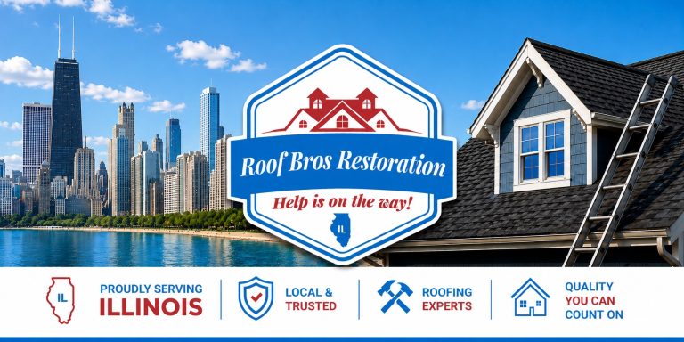 roof bros restoration jobsite 003 - Roof Bros Restoration - roofing gallery wisconsin illinois Composite banner graphic with the Roof Bros Restoration logo and 'PROUDLY SERVING ILLINOIS' text over a backdrop combining...