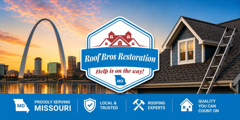 roof bros restoration jobsite 004 - Roof Bros Restoration - roofing gallery wisconsin illinois Composite banner graphic with the Roof Bros Restoration logo and 'PROUDLY SERVING MISSOURI' text over a backdrop combining...