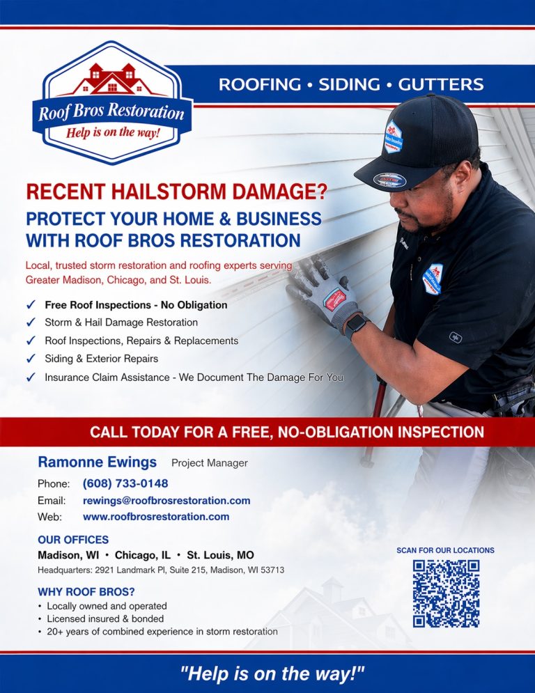 roof bros restoration jobsite 006 - Roof Bros Restoration - roofing gallery wisconsin illinois Marketing flyer titled 'RECENT HAILSTORM DAMAGE?' featuring the Roof Bros Restoration logo, a photo of a worker in a black...