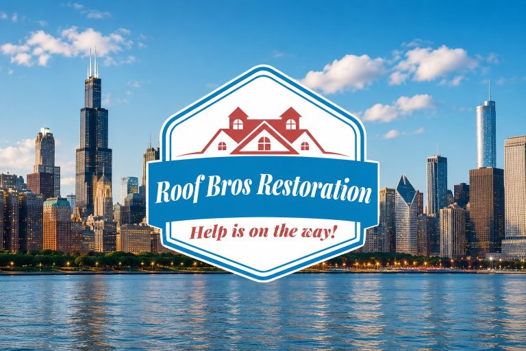 roof bros restoration jobsite 007 - Roof Bros Restoration - roofing gallery wisconsin illinois Composite graphic showing the Roof Bros Restoration 'Help is on the way!' logo overlaid on a photo of the Chicago skyline...