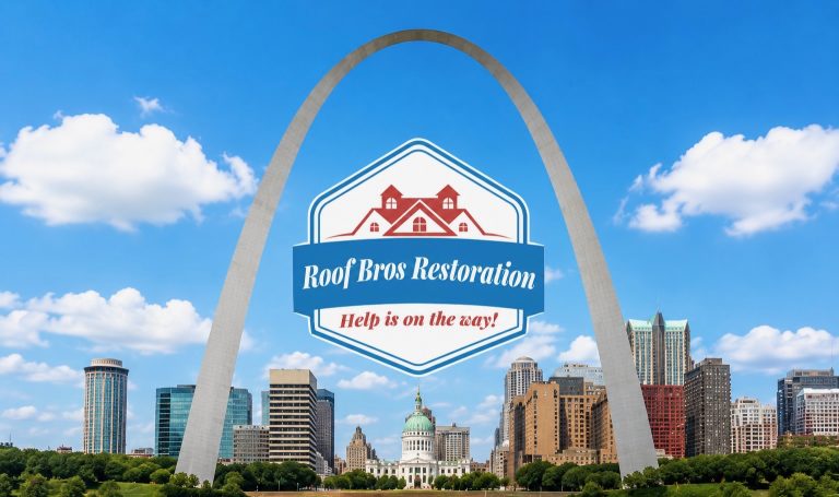 roof bros restoration jobsite 008 - Roof Bros Restoration - roofing gallery wisconsin illinois Composite graphic showing the Roof Bros Restoration 'Help is on the way!' logo overlaid on a photo of the St. Louis Gatewa...